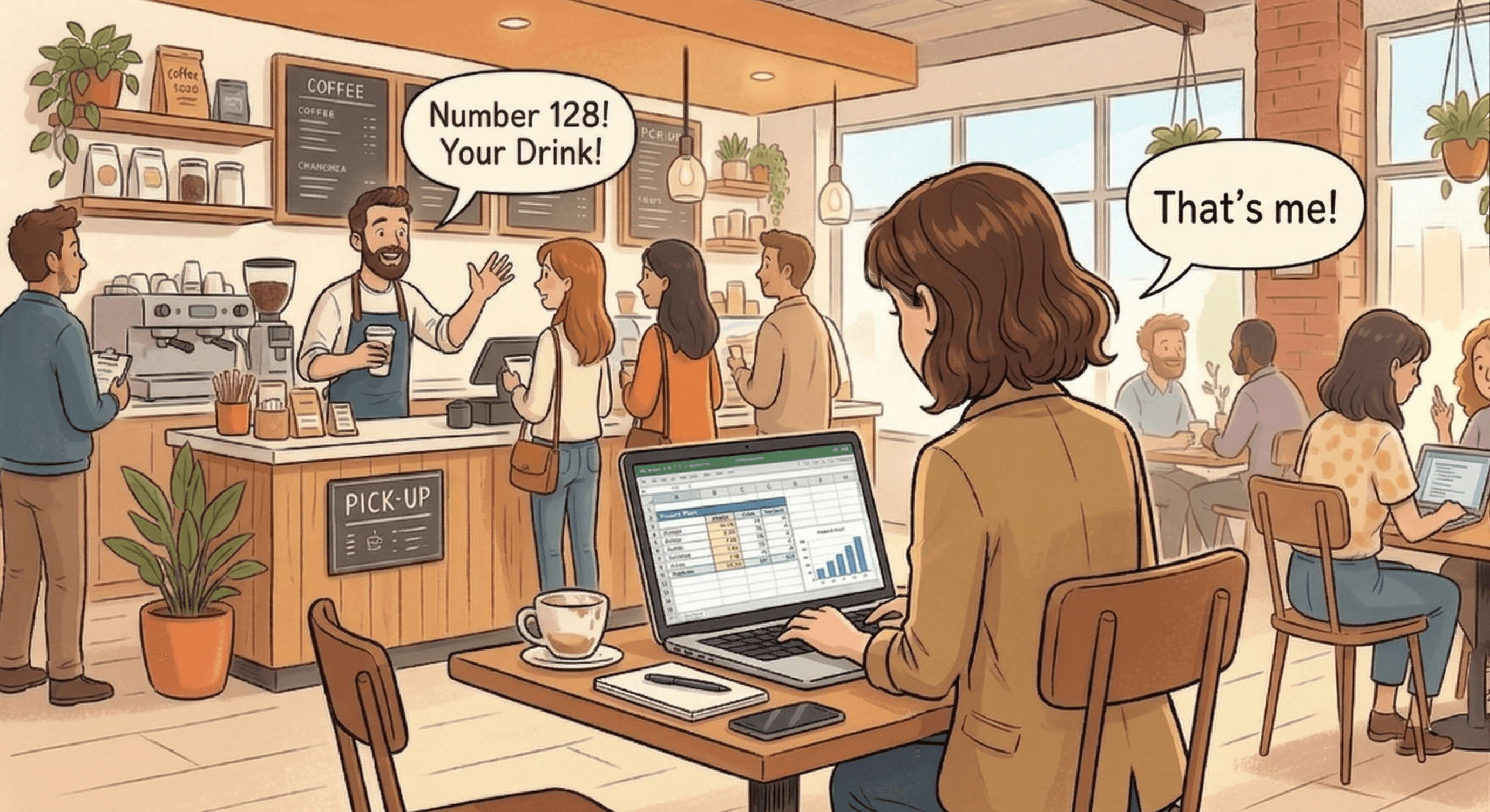 Comic panel showing a MacBook left on a cafe table while its owner steps away.