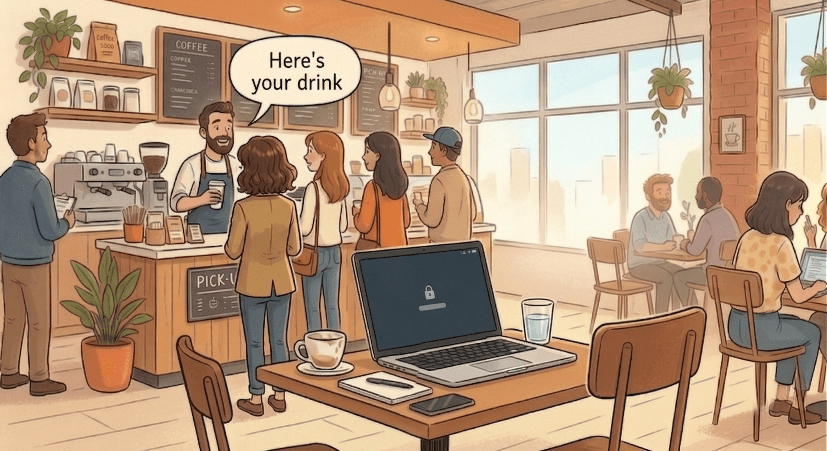 Comic panel showing someone noticing the unattended MacBook.