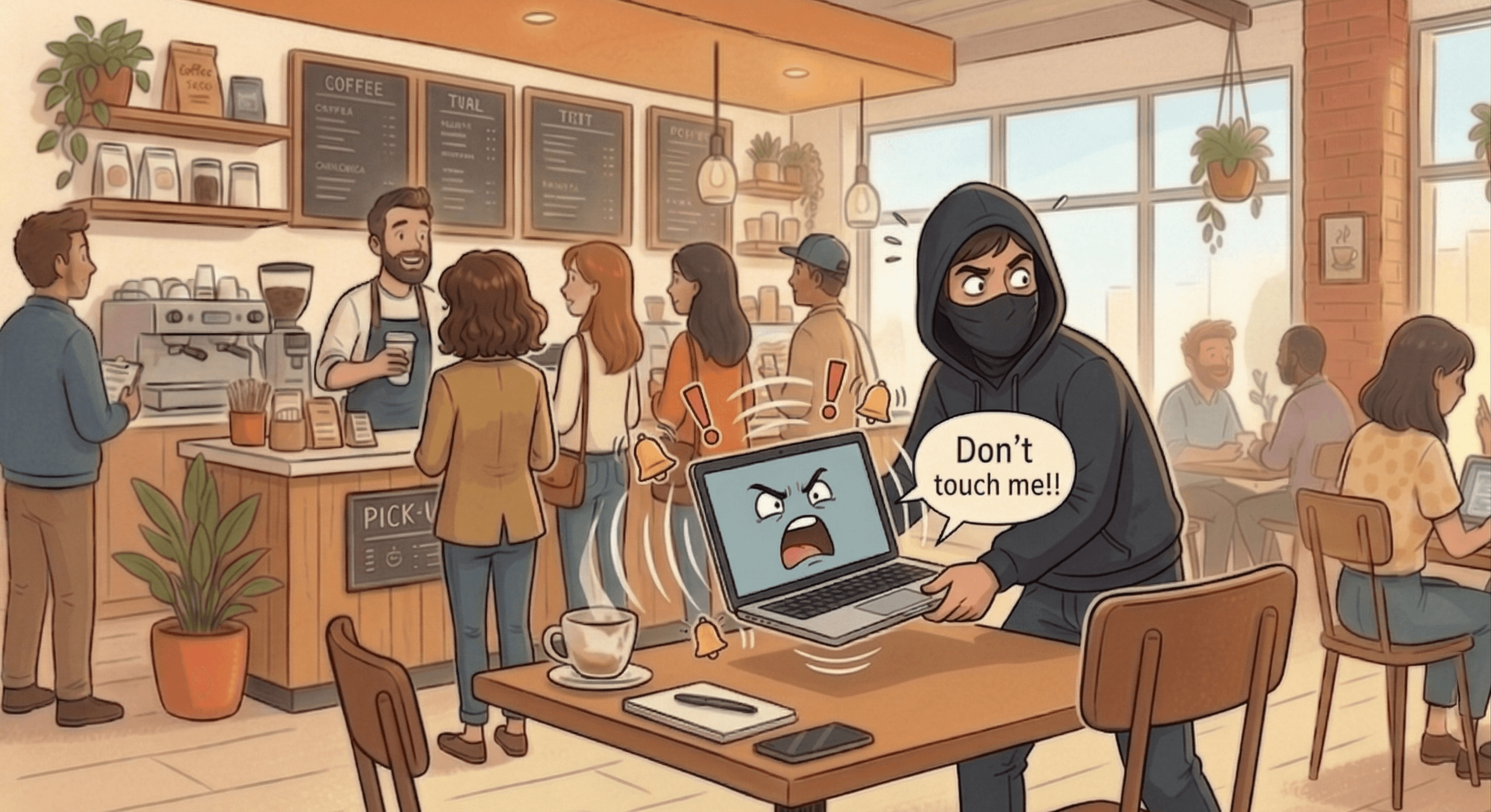 Comic panel showing the MacBook getting grabbed from the table.