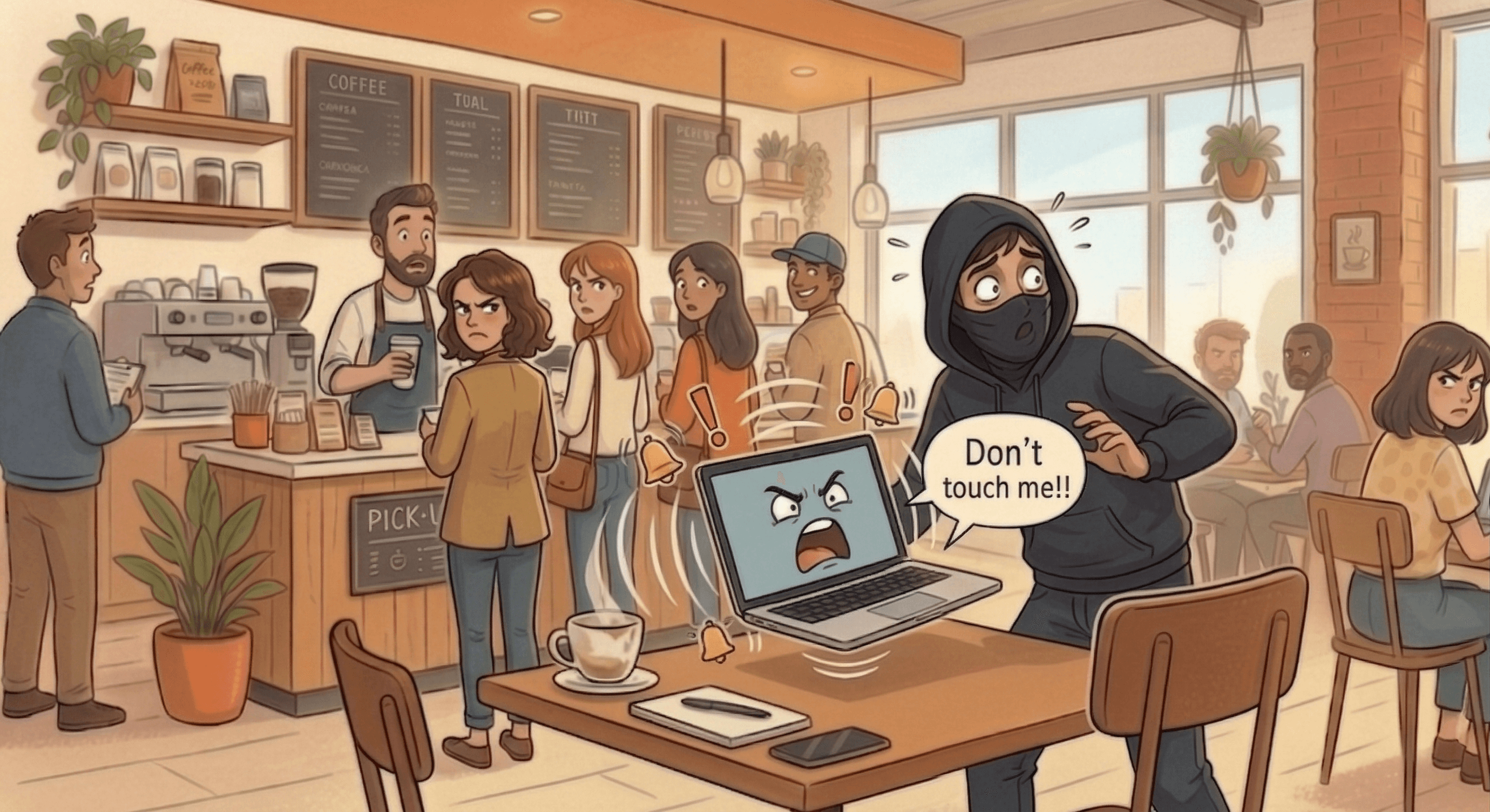 Comic panel showing the MacBook yelling and drawing attention in the cafe.